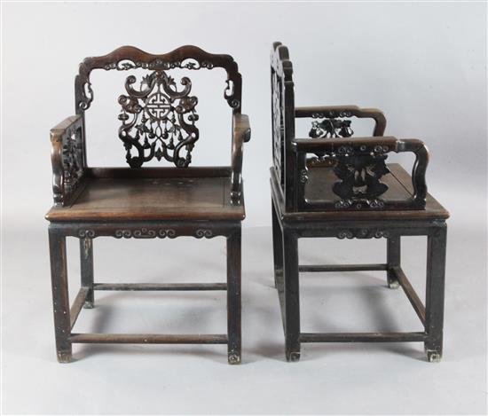 Two Chinese rosewood armchairs, late 19th century,